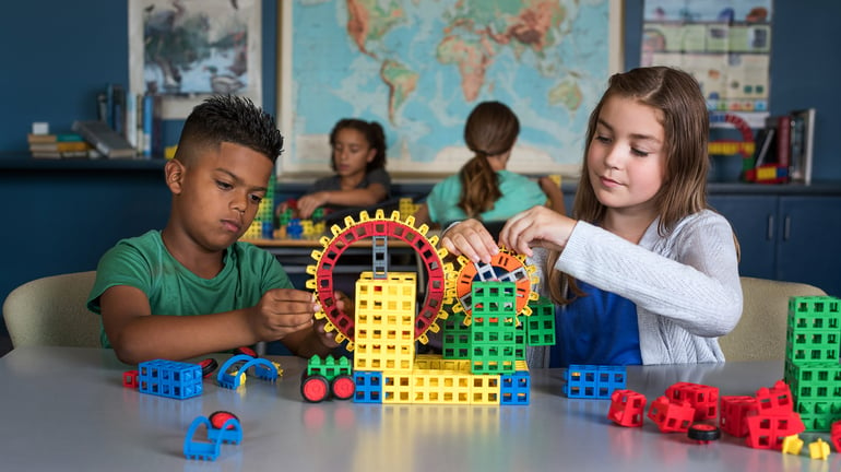 Elementary school students enjoy STEM activities for kids with Kid Spark ROK Blocks